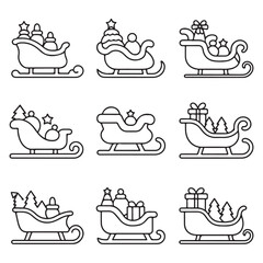 Holiday Sleigh Icon Set, Simple Line Design with Gifts and Decorations