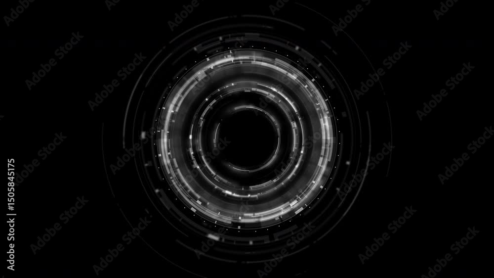 Poster high-tech circular hud design with concentric digital rings and abstract data patterns, ideal for te