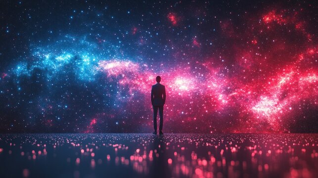 Man observing colorful nebula in space