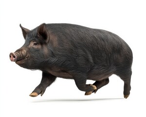 A black pig in mid-stride, dynamic and full of energy.