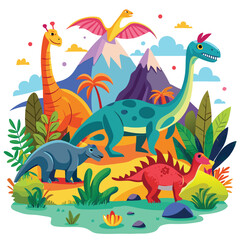 Colorful cartoon dinosaurs and pterodactyl in a prehistoric landscape with trees and mountains