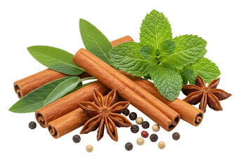 Isolated Arrangement of Cinnamon Sticks Anise and Fresh Herbs