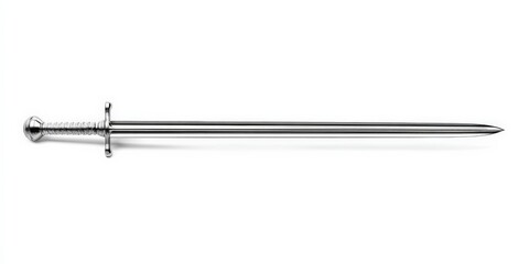 A sleek, silver sword on a white background.  Its simple design is both elegant and powerful.