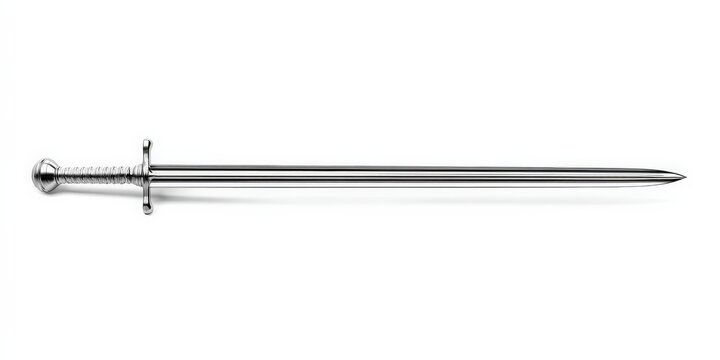 A sleek, silver sword on a white background.  Its simple design is both elegant and powerful.