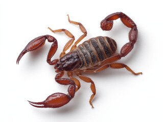 Close-up of a reddish-brown scorpion on a white background. Its segmented body and powerful claws are clearly visible.