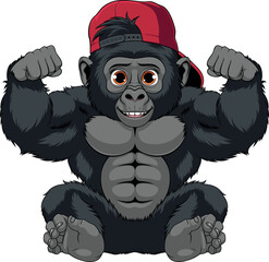 Vector illustration, funny baby gorilla sits, shows muscles, coloring book