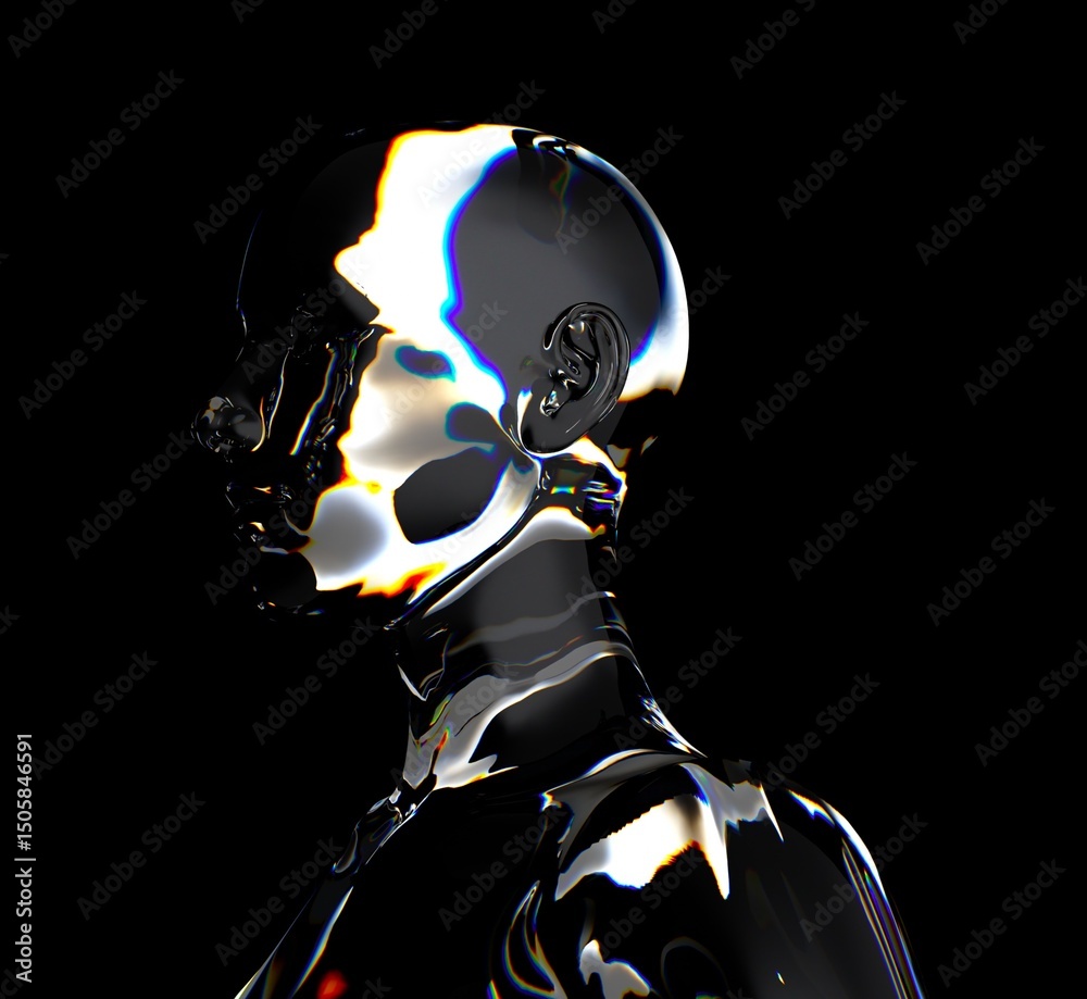 Leinwandbilder 3d-rendered human figure in profile, made of glossy reflective material with iridescent highlights a