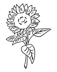 Hand drawn sunflower in black and white outline style on white background. Hand drawn sunflower with a smiling face in black and white outline style on white background