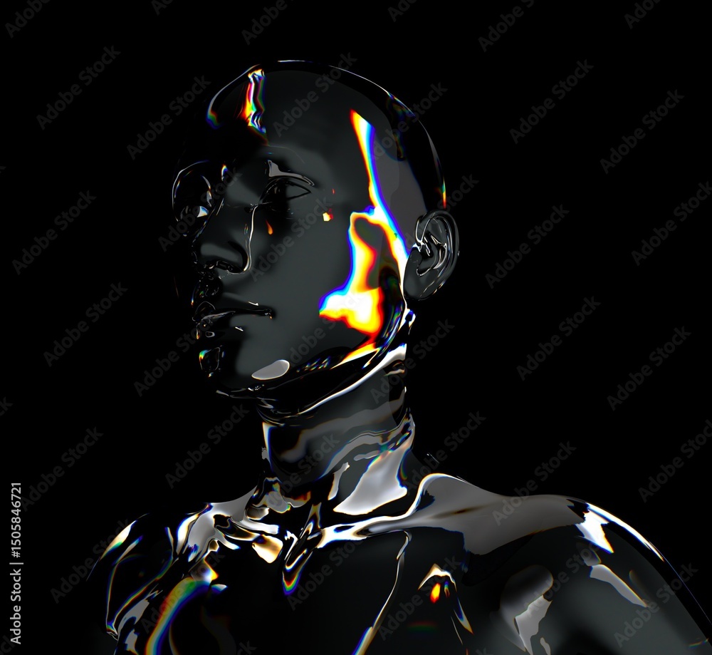 Aufkleber 3D-rendered human figure in profile, made of glossy reflective material with iridescent highlights and color patterns, stands against a black background, creating a futuristic and surreal vibe.
