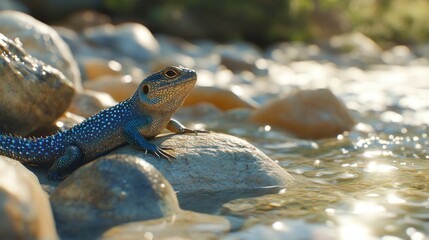 Obraz premium Blue lizard on rocks by a stream