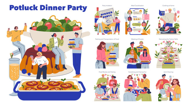 Potluck Dinner Party with Friends and Food Preparation