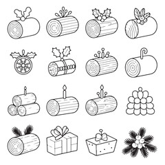 Holiday Yule Log with Decorations, Simple Line Art Christmas Icons