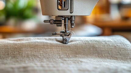 Close-up of a sewing machine stitching light beige linen