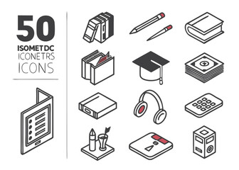 Isometric Education & Learning Icons – Grayscale with Accent Colors for E-Learning & Academic Use