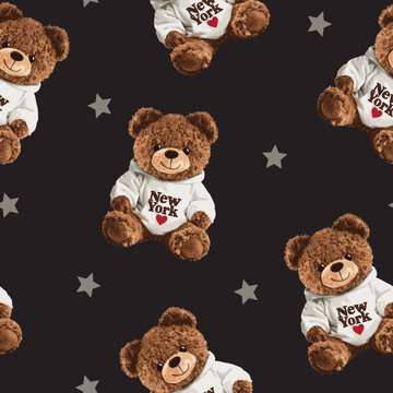 New York themed teddy bear vector illustration.Teddy bear vector hand drawn illustration cute print design for kids.College themed, cute animal graphic print for textiles. Teddy bear black pattern