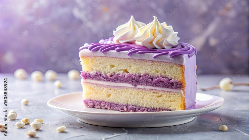 Poster a slice of layered cake frosted with purple icing, topped with white buttercream swirls, rests on a 