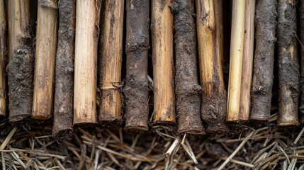 Close-up of natural wooden poles