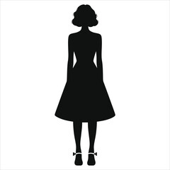 (Mary Jane shoes) Vector Silhouette of a Woman in Vintage Dress/A sophisticated silhouette of a woman in a vintage-style dress, standing on a plain background.