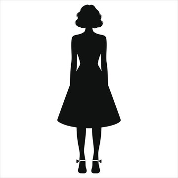 (Mary Jane shoes) Vector Silhouette of a Woman in Vintage Dress/A sophisticated silhouette of a woman in a vintage-style dress, standing on a plain background.