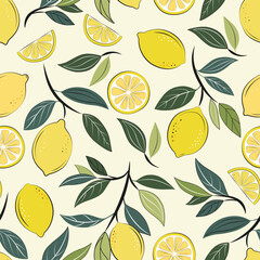 Colorful tropical summer seamless pattern. Lemon repeated background. Lemons and leaves hand drawn. Yellow lemon slices flat style vector illustration. Fruit branches on a creamy beige background.