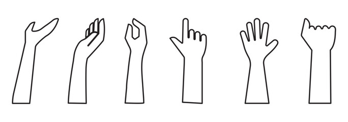 series of silhouetted hands raised high in unison icon vector illustration. hands silhouettes, Raised hands vector silhouettes, Set of hand silhouette icon logo template vector. eps 10