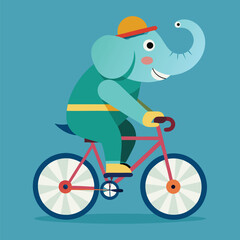 Naklejka premium Cute cartoon elephant riding a bicycle smiling in a playful artistic illustration