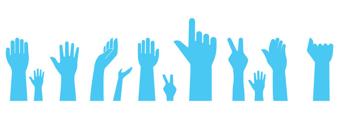 Fists hands up vector illustration. Concept of unity, revolution, fight, cooperation. Flat outline design. Raised hands vector silhouettes, Set of hand silhouette icon logo template vector. EPS 10. 