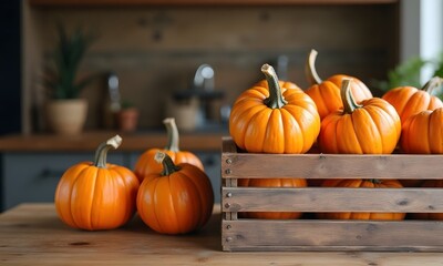 Rustic Wooden Crate with Fresh Orange Pumpkins in Warm Kitchen Setting