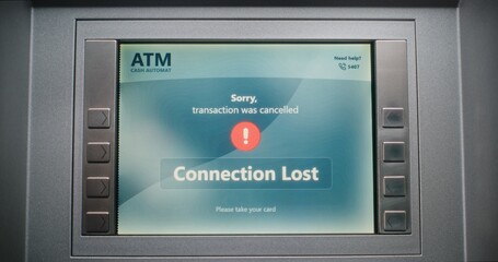 Unrecognizable Person Entering PIN Code on ATM Keypad to Withdraw Money. Error Message on Cash...