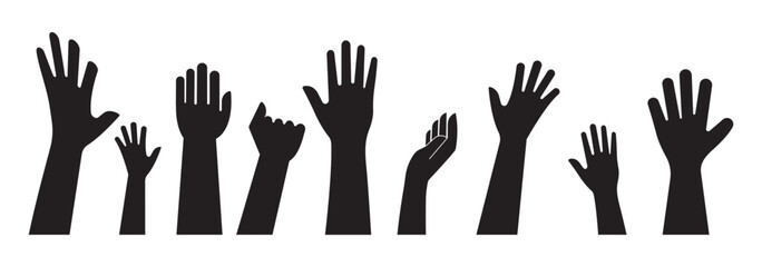 Fists hands up vector illustration. Concept of unity, revolution, fight, cooperation. Flat outline design. Raised hands vector silhouettes, Set of hand silhouette icon logo template vector. EPS 10. 