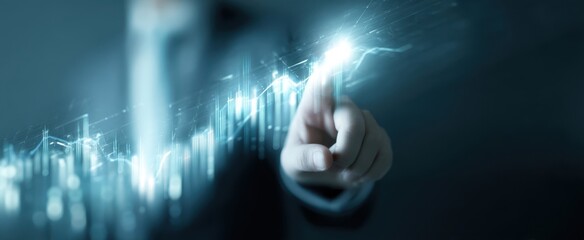The businessman interacting with a digital graph representing financial growth and innovation.