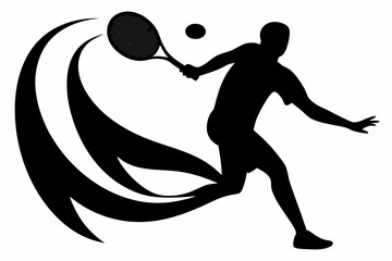 Minimalist Black and White Tennis Player Silhouette – Dynamic Athletic Pose with Racket and Ball