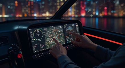 Detailed View of Hands Operating Touchscreen Controls in the Cockpit of an Autonomous Flying Taxi, Futuristic Urban Air Mobility, AR Navigation, and Smart Transportation Technology