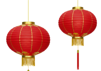 Isolated Two Red Chinese Lanterns with Golden Accents