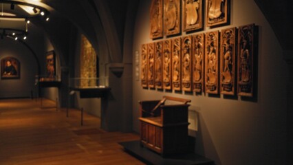 Blurred view of a museum gallery showcasing intricate wooden carvings on the walls, enhanced by dim lighting creating an artistic and contemplative atmosphere. © Krakenimages.com