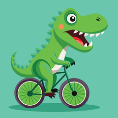 Obraz premium Cute green cartoon dinosaur riding a bicycle on a teal background for children