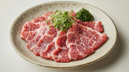 Cinematic, Food photography, ‘Exquisitely thin slices of Kobe beef sashimi, approximately 0.7mm thick, arranged in overlapping layers on a frosted ceramic plate, each piece semi-translucent with intri