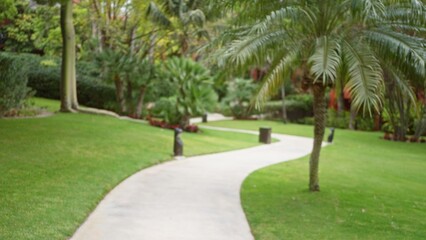 Blurred pathway in a tropical resort garden showcases lush greenery, palm trees, and a serene ambiance, providing a luxurious and relaxing outdoor retreat.