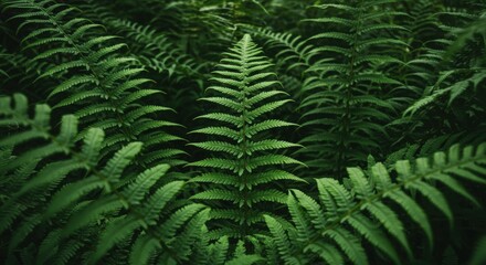 Lush green ferns create a natural and calming background, showcasing the intricate details of the plant's foliage in a dense forest environment.