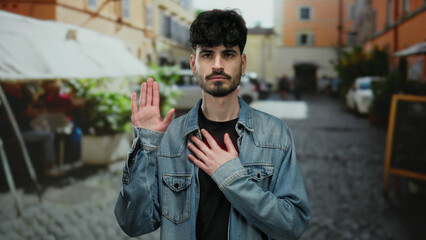 Young man on outdoor terrace swears with hand up in casual denim jacket at street coffee shop suggesting social or personal vow setting.