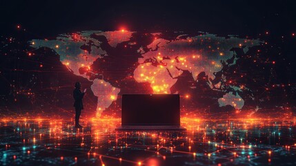 Man presenting with laptop, global network data map background