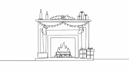 Obraz premium Christmas fireplace with stockings and gifts line art