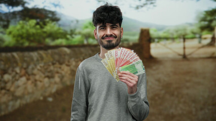 Handsome man outdoors holding norwegian krone banknotes in park setting, smiling confidently...