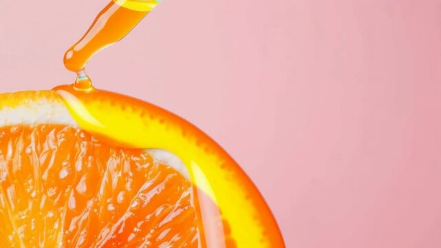 A vibrant orange slice with a dropper adding fresh oil, showcasing the fusion of fruit and vitamin c serum.