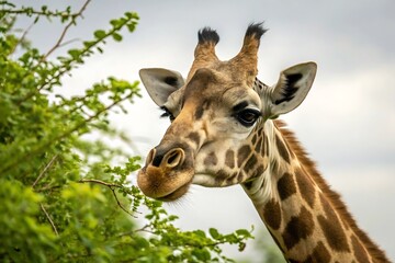 Obraz premium A majestic giraffe gazes intently, its distinctive patterns and gentle eyes captivating amidst lush green foliage.