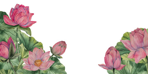 Frame with hand drawn watercolor lotus with blooming pink flowers and green leaves. Template with space for text. Watercolor style. Natural palette. Ideal for invitation, packaging, eco projects