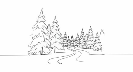 A serene line drawing of a forest scene with a winding road, creating a sense of peace and tranquility. The image captures the essence of a journey through nature.