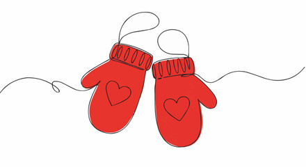 Two lovely red mittens, connected by a continuous line, each adorned with a heart. The design is minimalistic and modern, evoking a sense of warmth and affection