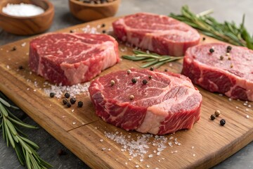 Fototapeta premium Raw, marbled Wagyu beef steaks seasoned with salt and pepper on a wooden cutting board, ready for grilling.