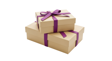 Isolated Stacked Gift Boxes with Purple Ribbons and Lids
